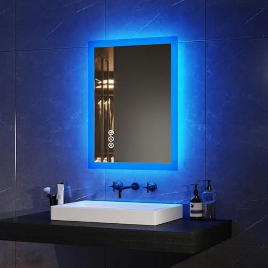 EMKE Bluetooth Bathroom Mirror with Shaver Socket, 450 x 600 mm Blue Atmosphere Illuminated Bathroom Mirror with 3 Color Tone, Dimmable, Memory Function, Demister Wall Mounted Bathroom Vanity Mirror