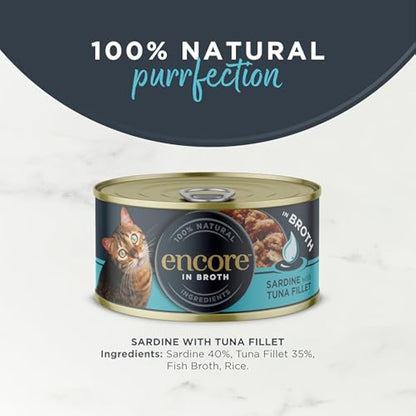 Encore 100 Percent Natural Wet Cat Food, Sardines with Tuna in Broth, 70g Tin (Pack of 16 Tins)