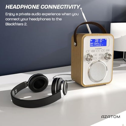 DAB/DAB+ & FM Portable Digital Radio | Bluetooth | Remote Control | Rechargeable Battery | Dual Alarms & Sleep Timer | Perfect for Home, Office or Outdoors | AZATOM Blackfriars 2 (OAK)