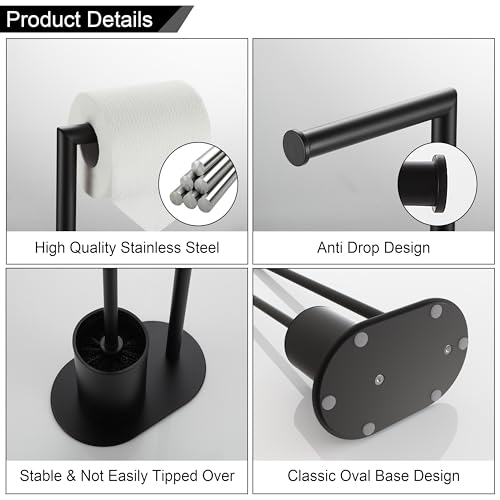 BVL Toilet Roll Holder with Toilet Brush Black, Stainless Steel Free Standing Toilet Brush, Toilet Brush and Toilet Paper Holder