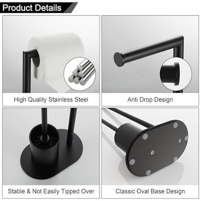 BVL Toilet Roll Holder with Toilet Brush Black, Stainless Steel Free Standing Toilet Brush, Toilet Brush and Toilet Paper Holder