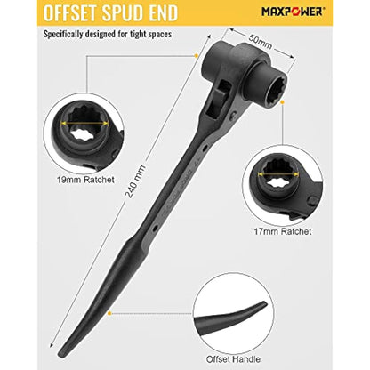 MAXPOWER Spud Ratchet Set 2PCs, Straight Spud Scaffold Spanner Wrench 19mm x 21mm & Offset Spud Ratchet Podger Spanner 17mm x 19mm