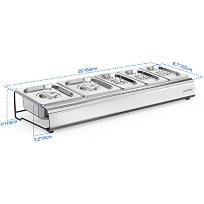 Onlyfire Pizza Topping Station Stainless Steel Seasoning Containers with Lid, 5 Compartment Trays for Preparing Ingredients and Toppings