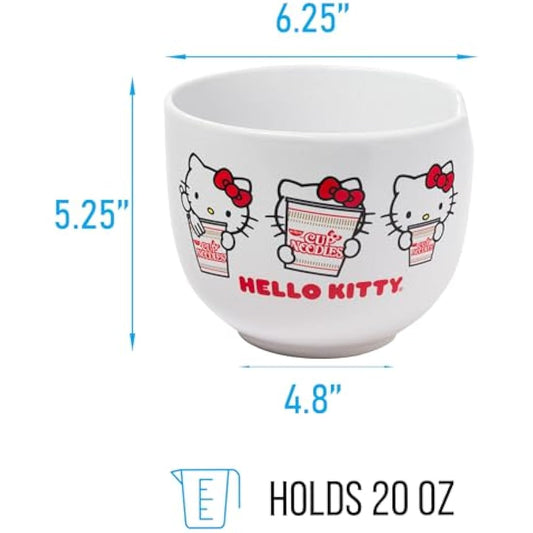 Silver Buffalo Hello Kitty Cup Noodles Nissin Boxed Ceramic Ramen Noodle Bowl with Chopsticks, 20oz