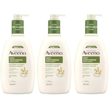 Aveeno Daily Moisturising Body Lotion Bundle (3x 500ml), Hydrating Lotion Enriched with Nourishing Colloidal Oatmeal, Gentle Body Moisturiser Suitable for Sensitive and Dry Skin