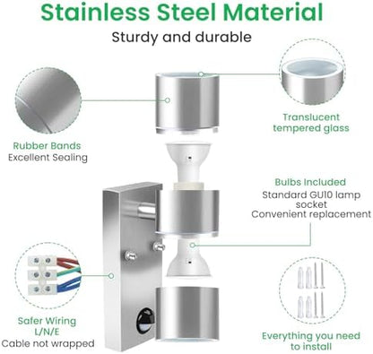 ALUSSO LIGHTING Up Down LED Wall Light PIR Motion Sensor 8W 750LM Stainless Steel Lamp, with GU10 Bulbs 3000K 4000K 6000K Adjustable, Outdoor Security Light IP65 Waterproof for Hallway Porch, Silver