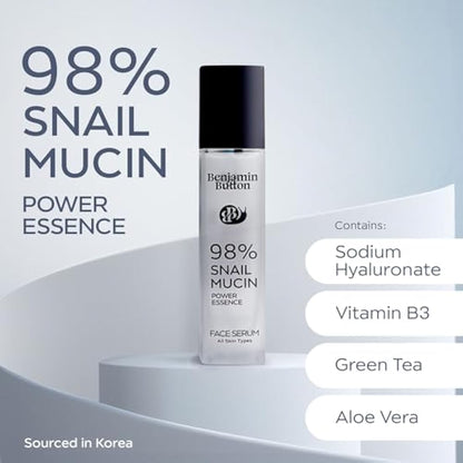 98% Snail Mucin Serum - Benjamin Button® | Hydrating, Anti-Aging, & Brightening with Hyaluronic Acid, Niacinamide, Green Tea, Aloe Vera | Ideal for Sensitive Skin & All Skin Types