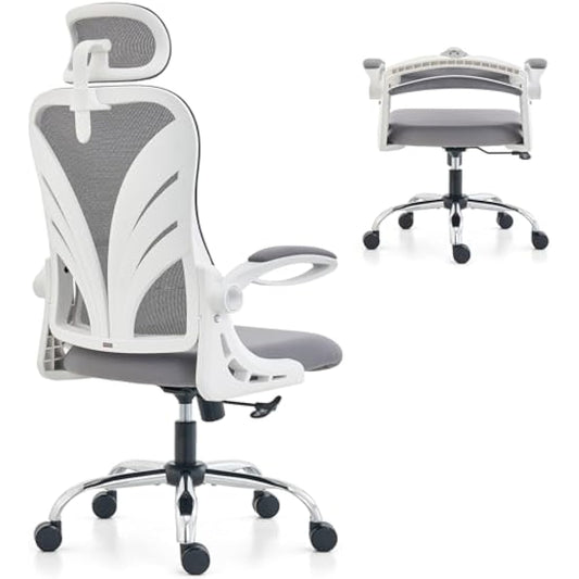 HOLLUDLE Ergonomic Office Chair with Foldable Backrest, Computer Desk Chair with Flip-up Armrests, Mesh Lumbar Support and 2D Headrest Big and Tall Office Chair, White (Folder2-GR)