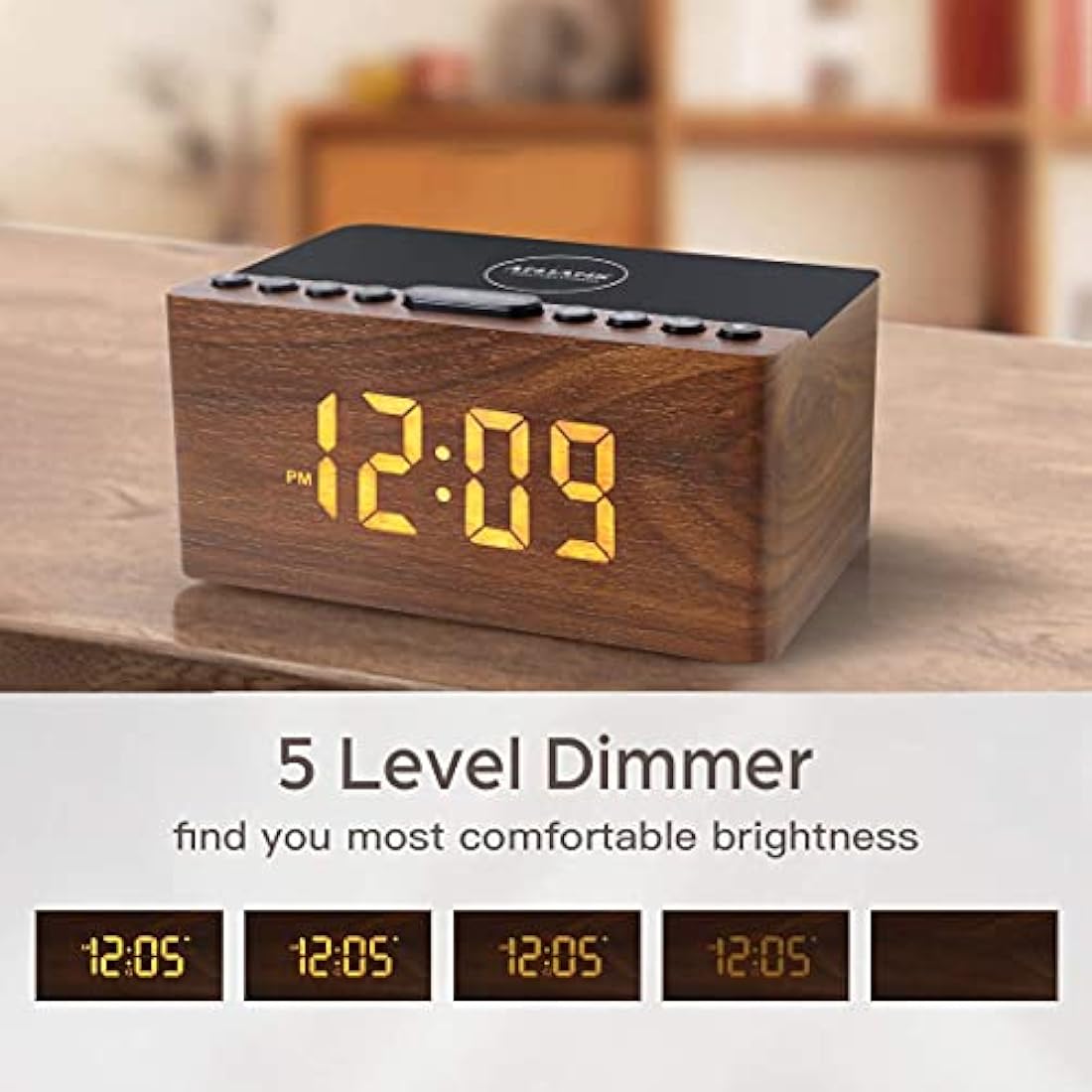 ANJANK Bedside Wooden FM Radio Alarm Clock,10W Super Fast Wireless Charger Station for Iphone/Samsung Galaxy,USB Charging Port, 5 Level Digital Dimmable Led Display,Mains Powered with Backup Battery
