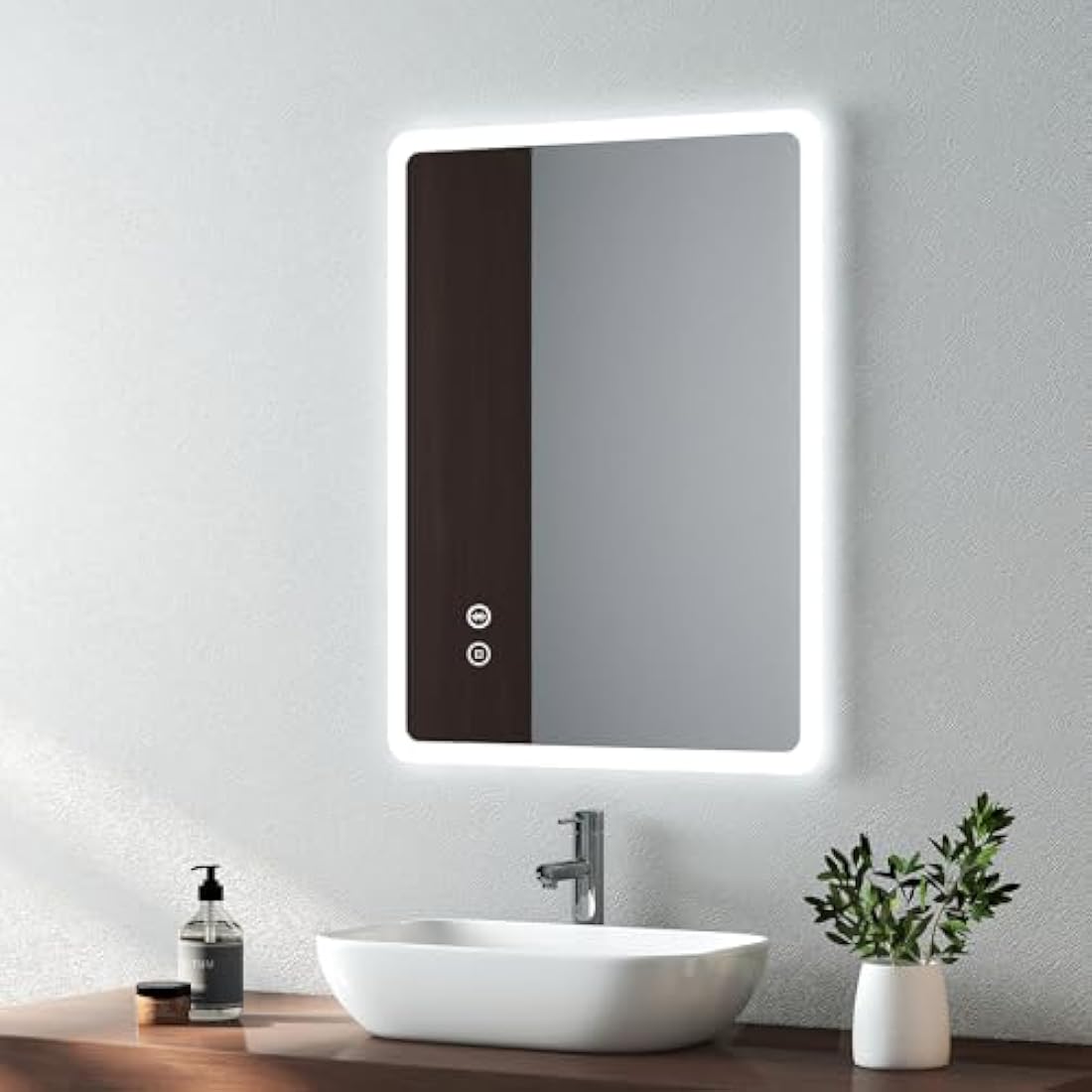 EMKE 450 X 600 mm Backlit Illuminated Bluetooth Bathroom Mirror with Shaver Socket, Wall Mounted Multifunction Bathroom Vanity Mirror with LED Lights and Demister Pad, Energy-Saving LED Smart Mirrors