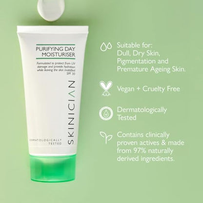 SKINICIAN Purifying Day Moisturiser SPF30 - Lightweight Moisturising Face Cream for Oily Skin - Mattifying Lotion - Anti-Wrinkle Face Moisturiser - Hydrating Formula Suitable for Problem Skin (50ml)