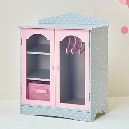 Olivia's Little World Polka Dot Princess Wooden Shaker-Style Double Closet for 18" Doll Wardrobes with Windowed Doors, Three Shelves, Hanging Space with Hangers, Grey/Pink