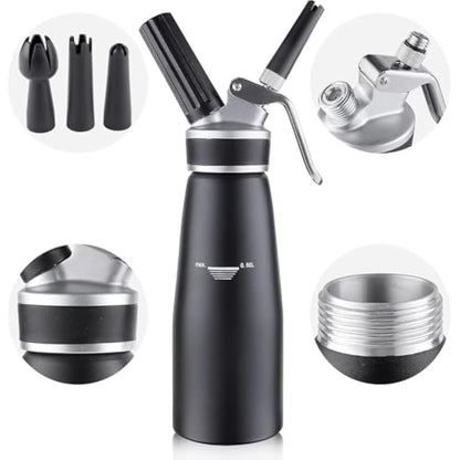 Sivaphe Cream Dispenser Whipped Cream Black Siphon Aluminum for Home Party Dessert 500ML with Cleaning Brush, 3 Decorating Nozzles