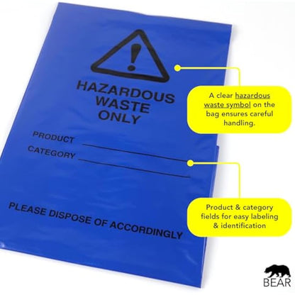 Hazardous Waste Bags - Blue - Pollution Control, Dangerous Waste Disposal, Clear and Easy to Identify, Hard Wearing, Domestic & Commercial Use, High Strength, Quality Sack (100)