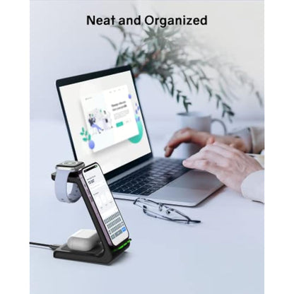 GEEKERA Wireless Charger, 3 in 1 Charging Station for iPhone 16/15/14/13/12/11/Pro Max/XS/XR/8, Charger Stand for Apple Watch 10/Ultra/9/8/7/6/5/4/3/2/SE, Docking Station for AirPods 4/Pro/3/2-Black