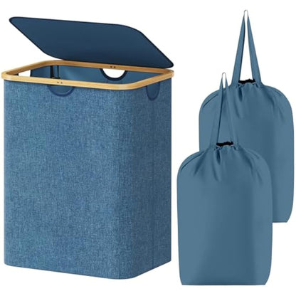 Lifewit 120L Laundry Basket with Lid, Clothes Hampers for Laundry with Bamboo Handles and A Removable Laundry Bag, Large Foldable Laundry Hamper for Bedroom, Bathroom, Dorm, Laundry Room, Dark blue