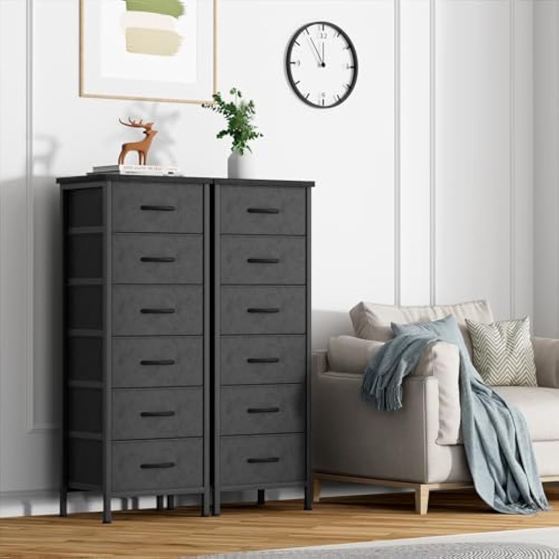 COWISH Tall Dresser with 6 Drawers, Vertical Bedside End Table and Chest of Drawers for Bedroom, Black Furniture with Fabric Drawer Nightstand Organizer Unit in Living Room, Closet, Entryway, Hallyway