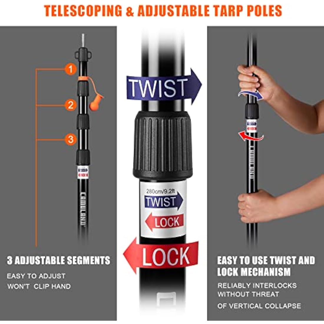 CAMULAND Heavy Duty Tent Poles Set of 2, 34.5” - 110.2” Aluminum Tent Poles for Adjustable, Portable Replacement Telescoping Tent Poles for Camping, Hammock and Awning-4 Section