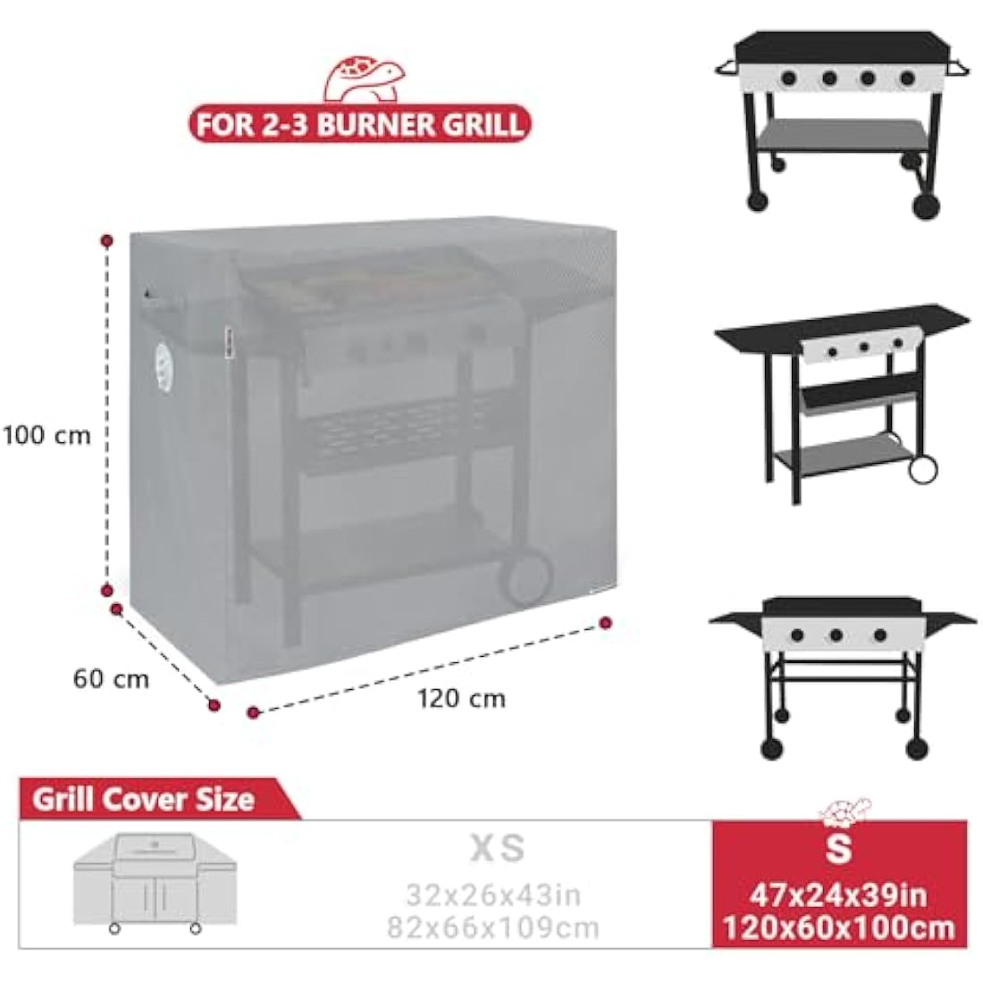 Turtle Life BBQ Grill Cover, 46 Inch Heavy Duty Waterproof Barbecue Gas Grill Covers for Flat Top Griddle, Anti-Fading Cover for 3-4 Burner Gas BBQ Grill, Grey 120x60x100cm