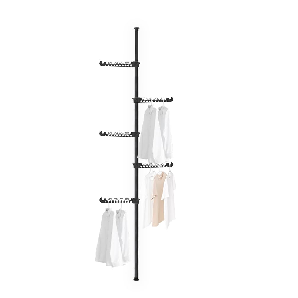Hershii Telescopic Coat Rack, 110-310cm Adjustable Tension Rod with 5 Hooks