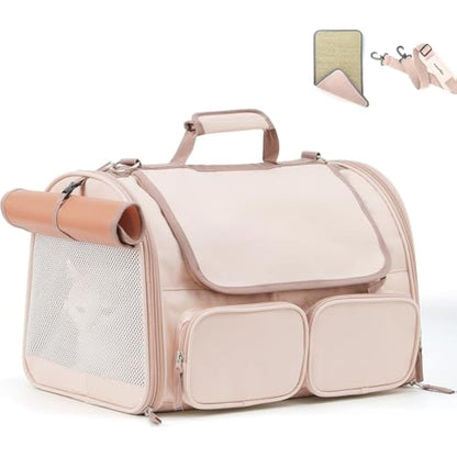 FUKUMARU Cat Carrier, 4 Mesh Windows Small Dog Carrier, 4 Storage Pockets Cat Travel Bag, Under 6.8 Kg Airline Approved Pet Carrier, Rollable Cover for Nervous Cats, Pink