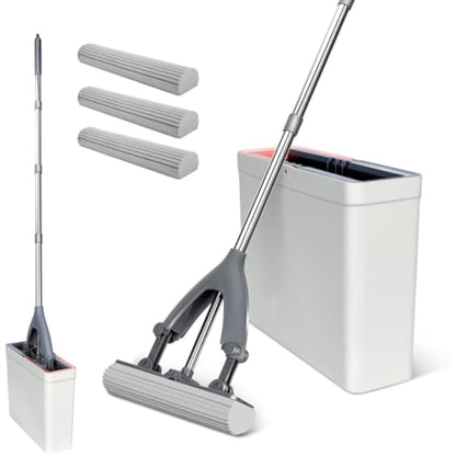 Masthome Sponge Mop and Buckets Sets, Floor Mops with 3pcs Super High Absorption Sponge Heads,Lazy Squeeze Mop Bucket with 135cm Extendable Handle for Laminate, Tile, Hardwood Floor Cleaning