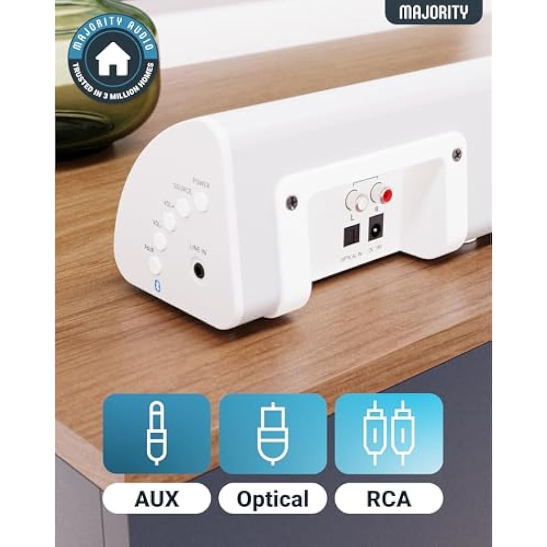 MAJORITY Snowdon | Bluetooth Sound Bar for TV | Built-in Subwoofer | 120 Watts 2.1 Channel Sound | RCA, Optical, and AUX Connection | Wall Mountable | 81 CM | Remote Control Included (White)