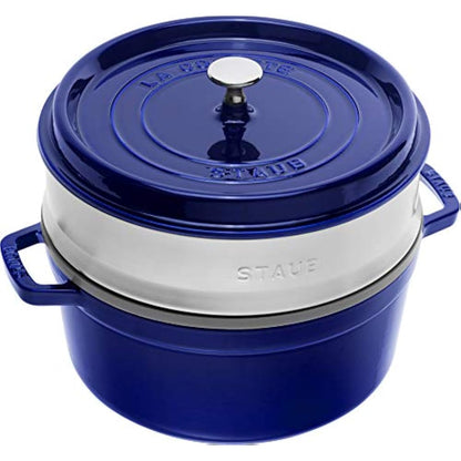 STAUB Cast Iron Roaster/Cocotte with Steamer Insert, Round, 26 cm, 5.2 L, With matte black interior enamel, Dark Blue