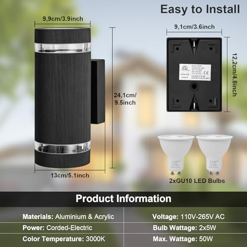 LMP Outdoor Wall Lights Mains Powered, Up Down Outside Lights Black, IP65 External LED Front Door Lamp Porch Light Electric, Exterior GU10 Round Lighting Sconce Wall Mounted for House