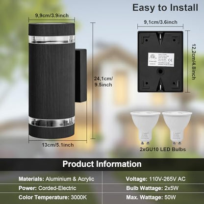 LMP Outdoor Wall Lights Mains Powered, Up Down Outside Lights Black, IP65 External LED Front Door Lamp Porch Light Electric, Exterior GU10 Round Lighting Sconce Wall Mounted for House