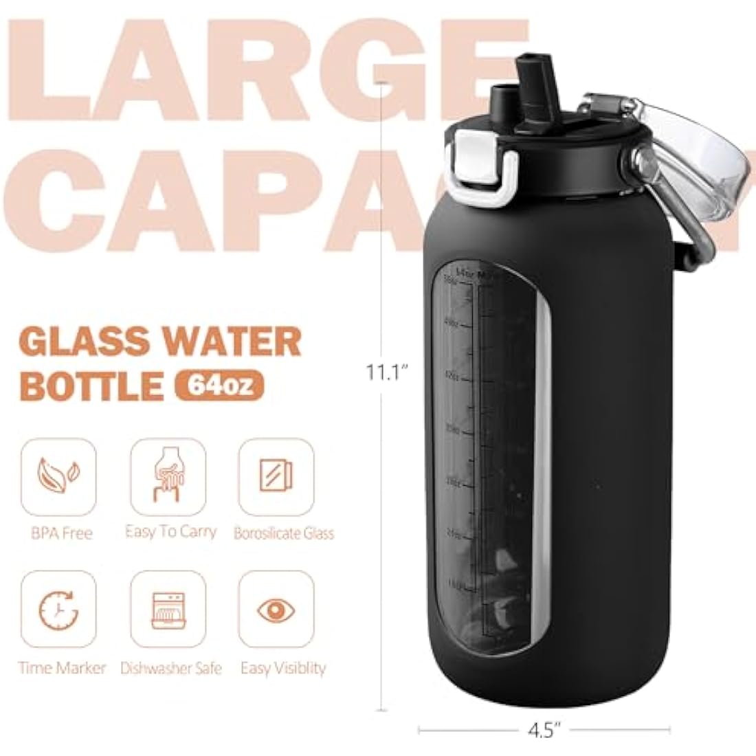 BLUEGO 2000ml Borosilicate Glass Water Bottle with Stainless Handle and Time Marker 2L Drinking Bottle with Silicone Sleeve and Straw for Gym Office Outdoor Sports Water Bottles BPA Free, Black