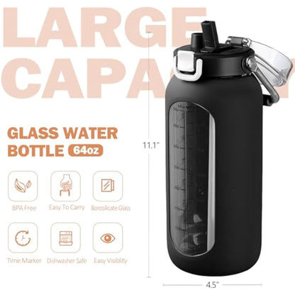 BLUEGO 2000ml Borosilicate Glass Water Bottle with Stainless Handle and Time Marker 2L Drinking Bottle with Silicone Sleeve and Straw for Gym Office Outdoor Sports Water Bottles BPA Free, Black