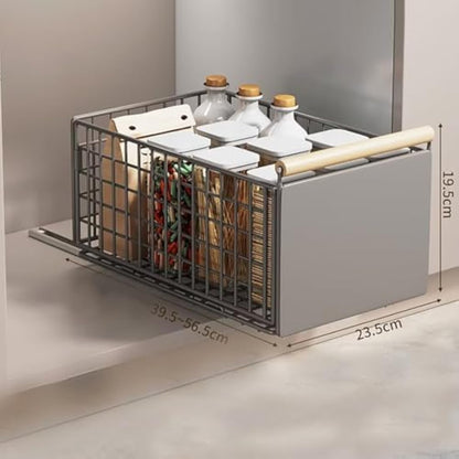 Pull Out Cabinet Organiser, pull out kitchen storage Foldable, Kitchen Cupboard Organiser with Handle, No Drill Adjustable Drawers, Slide Out Drawers for Kitchen Cabinets, grey, 23.5*19.5*39.5~56.5cm