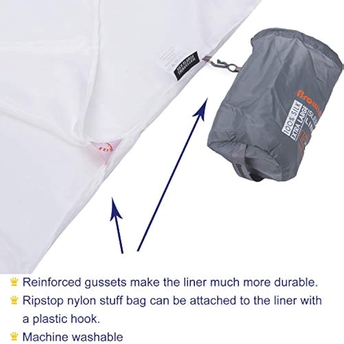BROWINT Silk Sleeping Bag Liner, Silk Sleep Sack, Extra Wide 220x110cm, Lightweight Travel Sheet for Hotels, Sleeper with Reinforced Gussets