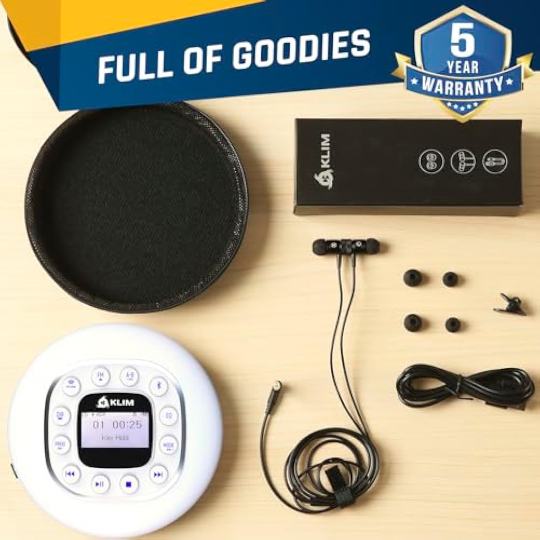 KLIM Journey - Portable CD Player with Long-Lasting Battery - New - w/Headphones - Radio FM - Compatible MP3 CD Player - SD Card, FM Transmitter, Bluetooth - Ideal for Cars - White