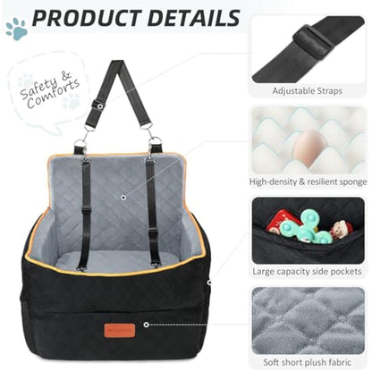 HEGGCOOE Small Dog Car Seat, Memory Foam Dog Booster Seats with Thick Cushion for Medium Dogs Under 35lbs, Detachable Washable Pet Car Seat with Storage Pockets,2 Safety Belts