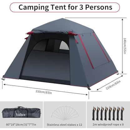 Yafaca Camping Tent, 3 Man Pop Up Tent Extra Large Waterproof Automatic Dome Tent with 2 Rainproof Windows, 2 Layers Family Festival Tent with Removable Outer Layer, Tent for Camping Picnic Garden