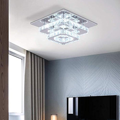 Finktonglan Crystal LED Ceiling Light, Ceiling Crystal Lamp Stainless Steel K9 Modern Flush Mount Lights Fixture Square Chandelier Ceiling Lamp for Dining Room Living Room Bedroom (Multicolor)