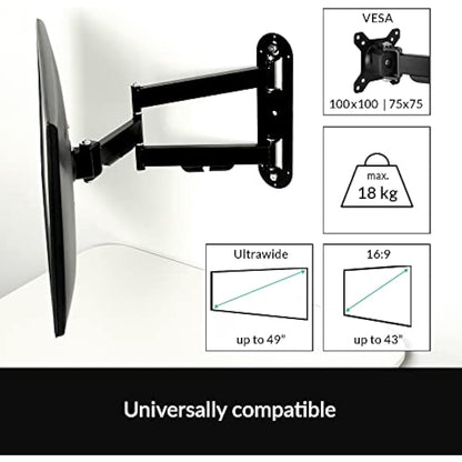 ARCTIC W1C - Wall Mount with Retractable Folding Arm, Wall Space-Saving Attachment, up to 43"; 49" Ultrawide, up to 18 kg (39.6 lbs), Cable Managment, Simple Installation - Black