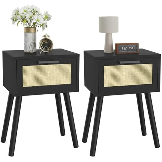 YMYNY Nightstand Set of 2, End Table, Small Bedside Table, Handmade Rattan Decorated Drawer, Solid Wood Legs, 35×27×53cm, Modern Side Table for Bedroom, Living Room, Black HST010B-2