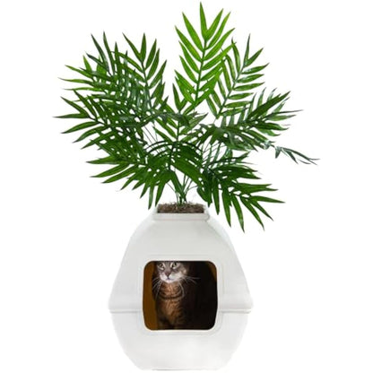 Good Pet Stuff, The Courtyard Hidden Litter Box, Artificial Plants & Enclosed Square Cat Planter Litter Box, Vented & Odor Filter, Easy to Clean, White Birch