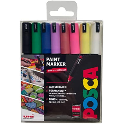 POSCA Pens PC-1MR Ultra Fine Acrylic Felt Tip Coloured Permanent Paint Markers for Adults, Kids. Perfect for Colouring, Fabric, Graffiti, Watercolour, Outline Drawing, Window and Glass Art. 8 Pack