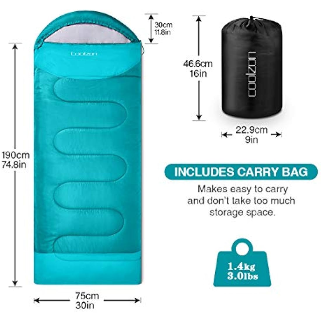 Coolzon Outdoor Sleeping Bag for Camping, for 3-4 Seasons, Adult Blanket, Small Packed Size, Ultralight Carry Bag, Soft, Thick and Warm, for Outdoor Camping, Travel, Hiking
