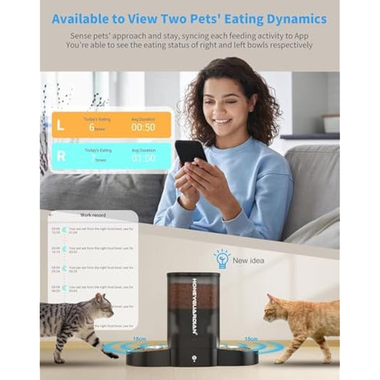 HoneyGuaridan Dual Automatic Cat Feeder APP Control, 2.4G WiFi Smart Pet Feeder for Remote Feeding, 5L Timed Cat Food Dispenser with Freshness & Clog-Free Function, Food Sensor for 2 Cats & Dogs