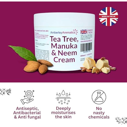 Tea Tree, Manuka & Neem Cream 350ml - Antibacterial, Anti-fungal, Antiseptic, Anti-Itch, Dry, Chapped & Cracked Skin, Eczema, Psoriasis, Jock Itch, Fungal infections. Fast Effective Relief