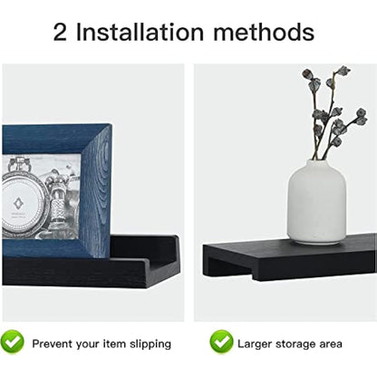 PHOENANCEE Solid Wood, 43cm Wall Picture Shelves Ledge, Rustic Wood Ledge Shelves, Decorative Photo Shelf For Living Room, Kitchen, Bedroom, Books, Set of 2,Black