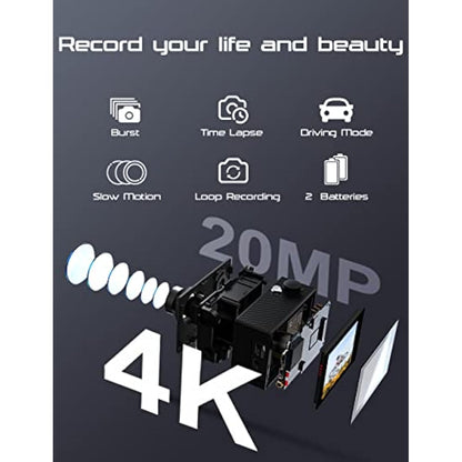 Apexcam 4K Action Camera 20MP 40M Waterproof Sports Camera for Vlog With Ultra HD 170°Wide-Angle 2.4G Remote Control 2 Rechargeable Batteries 2.0'' LCD Screen and Accessories Kit