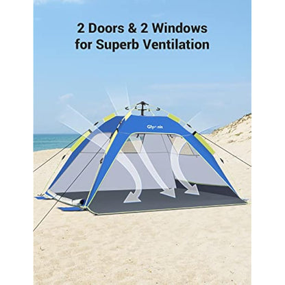 Glymnis Pop Up Beach Tent 3-4 Person Instant Pop Up Automatic Beach Tent UV Protection with Side Door, Easy Setup Portable Sun Shelter for Garden, Fishing, Picnic