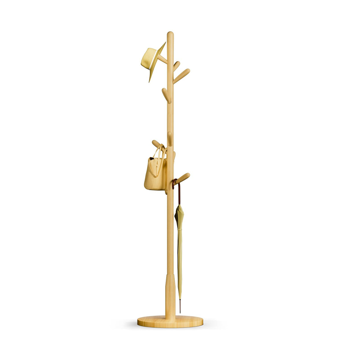 Solid Wood Round Base Coat Rack, Free Standing Hall Coat Tree with 8 Hooks（+2 spare) for Coats, Hats, Bags, Purses, for Entryway, Hallway
