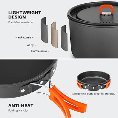 Odoland Camping Cookware Set, Cooking Utensils with Camping Pot, Camping Frying Pan and Teapots for Outdoor Cooking Hiking Travelling for 2-3 People